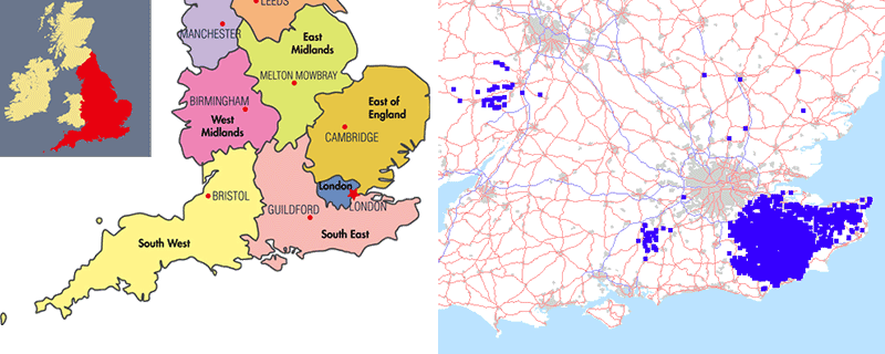 Mapa d'Anglaterra amb les ubicacions de les oast houses
