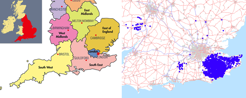 Mapa d'Anglaterra amb les ubicacions de les oast houses 